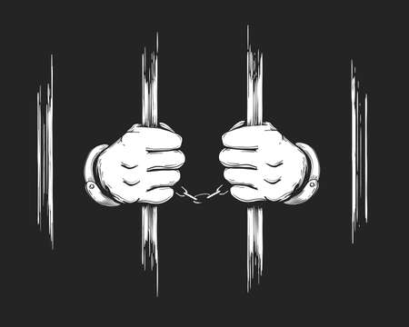 Hand drawn Prisoner Hands in cuffs holding Jail Bars. Vector Illustration.