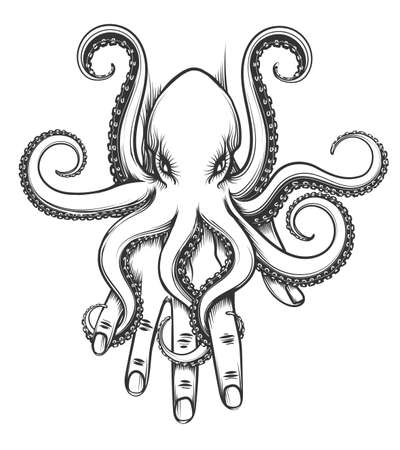 Octopus baby sitting on human hand. Vector illustration in tattoo style.のイラスト素材