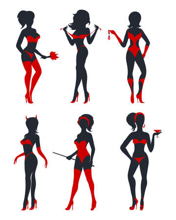 Set of beautiful sexy devil women in lingerie, stockings and high heels. Black and red silhouettes isolated on white. Vector illustration.のイラスト素材