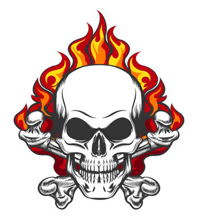 Hand drawn vintage stylized skull and bones in flames in tattoo style. Vector illustration.のイラスト素材