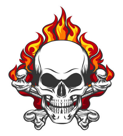 Hand drawn vintage stylized skull and bones in flames in tattoo style. Vector illustration.