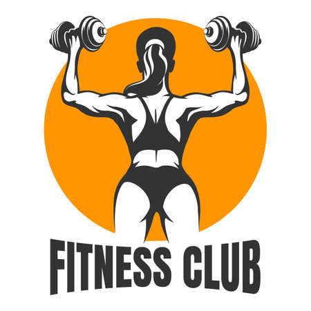 Fitness Club emblem with training woman. Woman holds dumbbells on white background. Vector illustration.のイラスト素材