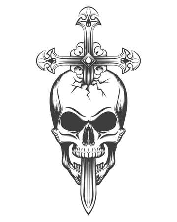 Human skull pierced by sword in the shape of a crossのイラスト素材