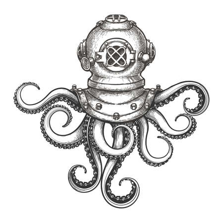 Diver helmet with octopus tentacles drawn in tattoo style. Vector Illustration.のイラスト素材