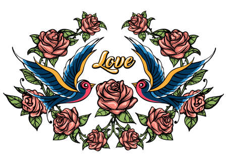 Two Birds and Roses with lettering Love. Vector illustration Drawn in Tattoo Style.のイラスト素材