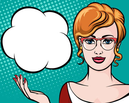 Cute businesswoman in glasses with empty speech bubble showing something. Vector illustration in pop art style.のイラスト素材