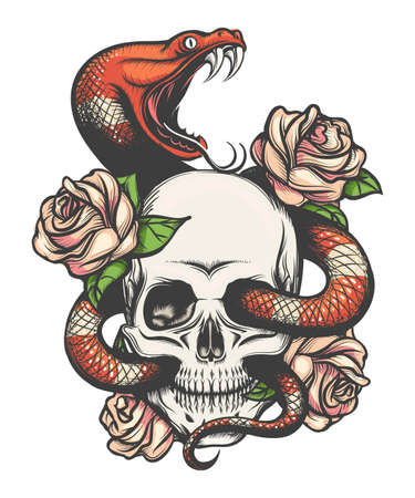 Colorful Tattoo design with skull, roses and snake. Vector illustration.