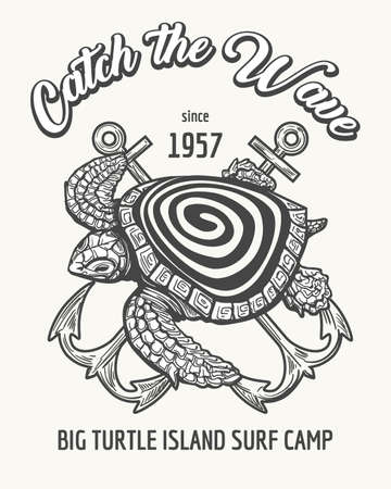 Sea Turtle and Crossed Anchors with wording Catch the Wave. Surfing camp or school emblem drawn in retro style. Vector illustration.のイラスト素材