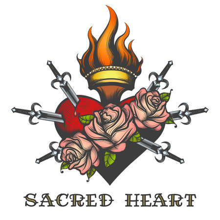Sacred Heart piersed by swords drawn in tattoo style. Vector illustrationのイラスト素材