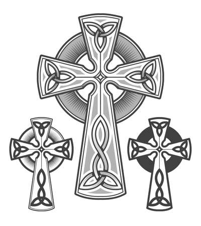 Celtic cross emblem drawn in engraving style. Vector illustration.のイラスト素材