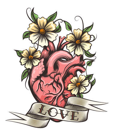 Human heart, flowers and ribbon with hand drawn lettering Love in tattoo style. Vector illustration.のイラスト素材