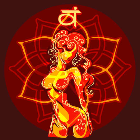 Second Svadhishthana chakra emblem with female body as sign of sexual desire and six petals lotus. Vector illustration.のイラスト素材