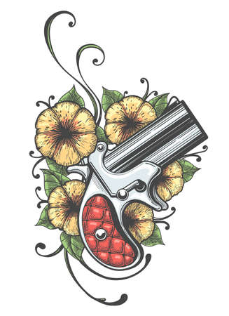 Pocket Gun and Flowers drawn in tattoo style. Vector illustration.のイラスト素材