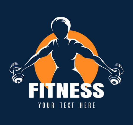 Training muscled woman holds dumbbells. White silhouettes isolated on black background. Vector illustration.のイラスト素材