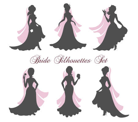 Six Silhouettes of brides in bridal veil. Vector illustration.のイラスト素材