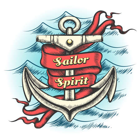 Old vintage anchor and ribbon with wording Sailor spirit on ocean waves pattern drawn in tattoo style. Vector illustration.のイラスト素材