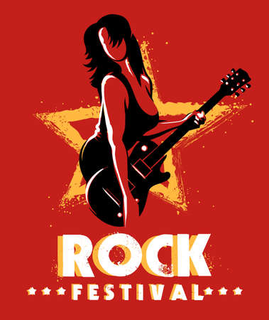 Retro Rock Festival or Rock Music Show Poster with Woman who plays a guitar. Vector illustration.のイラスト素材