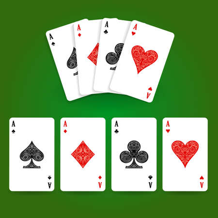 Set of four aces playing cards suits. Winning poker hand. Vector illustration.