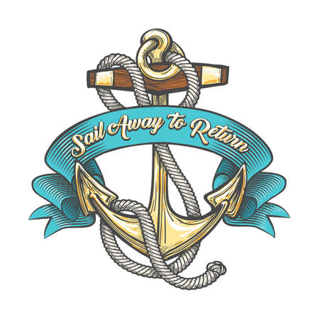 Anchor in marine ropes and ribbon with wording Sail away to Return. Vector illustration.のイラスト素材