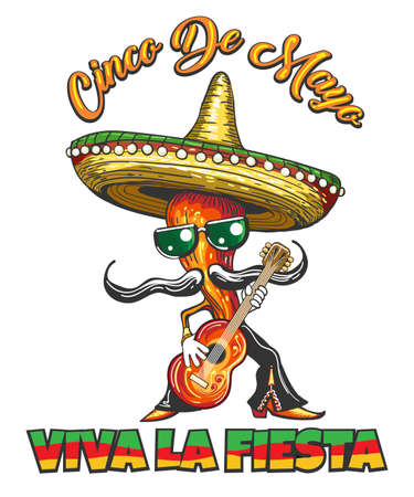 Mexican Holiday Cinco de Mayo Retro Poster with Pepper in Sombrero plays a guitar and spanish slogan Viva la fiesta what means live the party. Vector Illustration.のイラスト素材