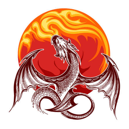 Flying fire-breathing Dragon on flame background. Vector illustration.のイラスト素材