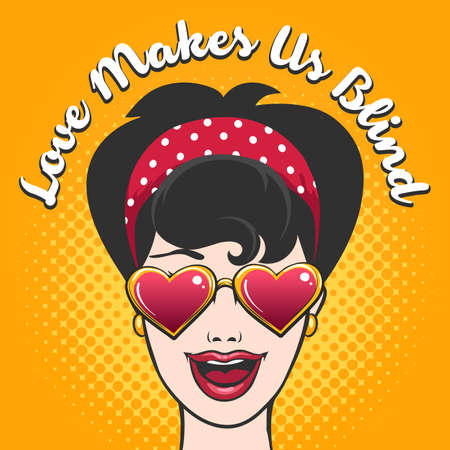 Woman in Heart shaped glasses and lettering Love Makes s Blind drawn in Pop art style. Vector illustration.のイラスト素材