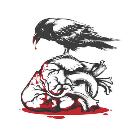Black Raven Biting Bleeding Heart. Love Hurts Concept Tattoo. Vector illustration.のイラスト素材