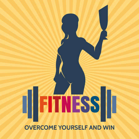 Fitness Competition Emblem with motivation slogan Overcome Youself and Win. Athletic Woman holds trophy cup. Vector illustration.のイラスト素材