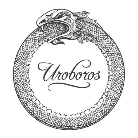 Mythological esoteric monster Ouroboros drawn in engraving style isolated on white background. Hand Drawn sketch Snake Eating ownTail. Vector Illustration.のイラスト素材