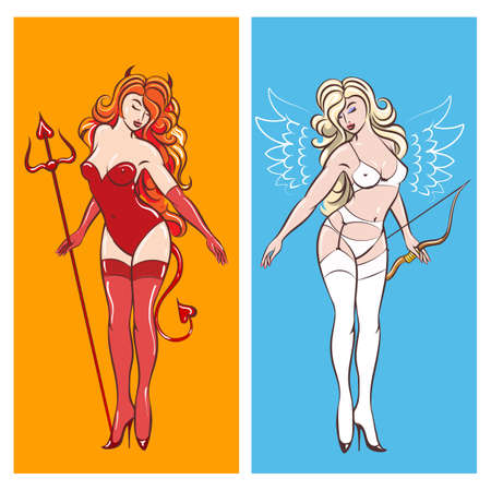 Hand Drawn Beautiful Sexy Girls in Angel and Devil Lingerie and accessories. Vector illustration.のイラスト素材