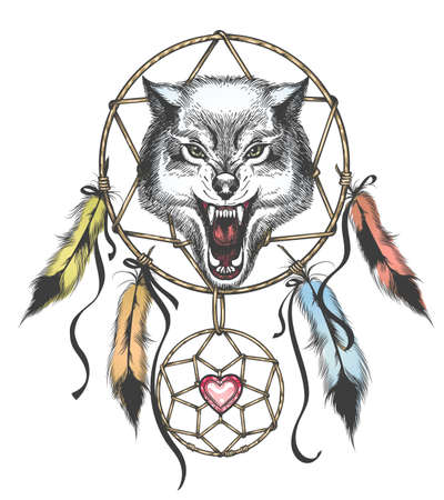 Ethnic totem of Wolf and Dreamcatcher in Tattoo style. Vector illustrationのイラスト素材