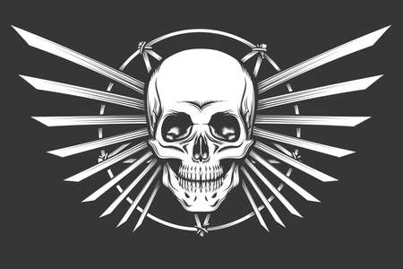 Human Skull against pentagram and blade wings. Vector Illustration.のイラスト素材