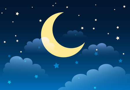 Abstract starry night sky with moon and clouds in cartoon style. Vector illustrationのイラスト素材