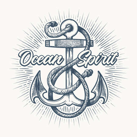 Nautical Anchor with rope and wording Ocean Spirit. Hand Drawn Sketch in Tattoo style.Vector illustrationのイラスト素材