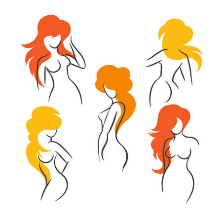 Set of Sexy Long Hair Girls Outline Silhouettes. Vector Illustrationのイラスト素材