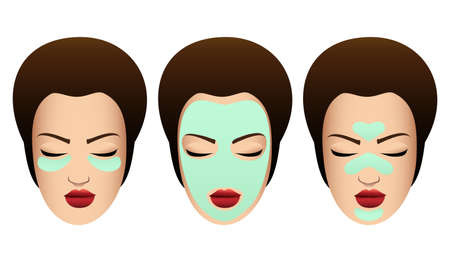Set of Female Faces with variuos Beauty Masks. Cosmetic Procedure template. Vector illustration.