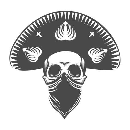 Mexican skull in sombrero. Bandit skull in hat and bandanna. のイラスト素材
