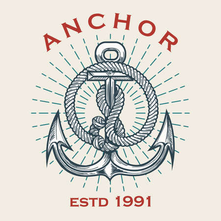 Retro Nautical emblem of anchor in ropes and sun beams. Vector illustration.