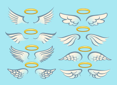 Flying angel wings with gold nimbus. Angelic wing cartoon set. Vector Illustrationのイラスト素材