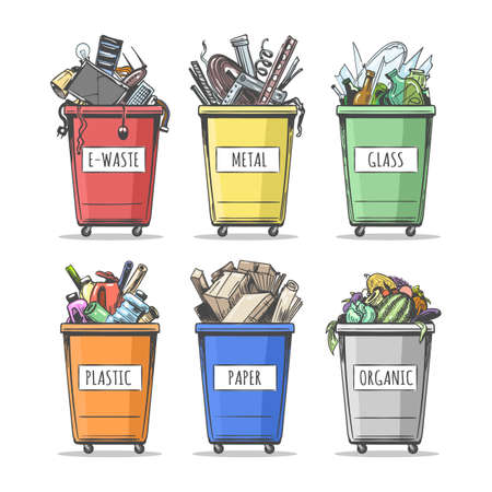 Set of colorful doodle waste separation containers. Collection of hand drawn garbage Trash Can isolated on white background. Vector illustration.のイラスト素材
