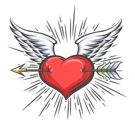 Heart with Wings pierced by Arrow Tattoo in retro style. Vector illustration.のイラスト素材