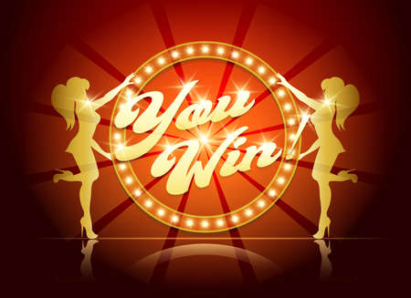 You Win Banner for Casino or Gaming industry in Retro Style. Wording You Win in circle light bulb frame and two girl silhouettes. Vector illustration.のイラスト素材