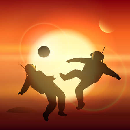 Astronauts playing soccer or football on Martian field. Conquest of Mars theme. Vector illustration.のイラスト素材