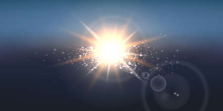 Realistic Sun Burst on blue sky wide background. Vector illustration.のイラスト素材
