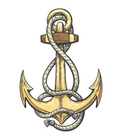 Vintage colorful anchor with Ropes drawn in Tattoo style.