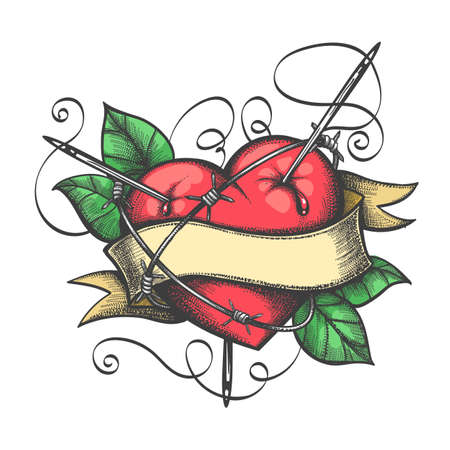 Human Heart with blank ribbon for your text pierced by needles. Love theme Colorful tattoo. Vector illustration.のイラスト素材