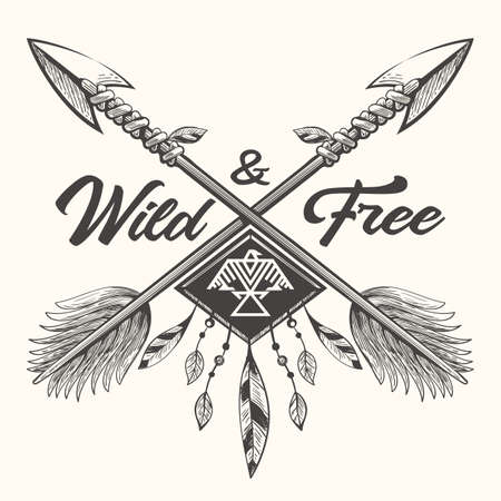 Hand drawn tribal label with crossed arrows, feathers and letteringv Free and Wild. Vector illustration.のイラスト素材