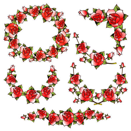 Beautiful Red Rose Flower Wreath, divider etc In Tattoo Style. Vector Illustration.のイラスト素材