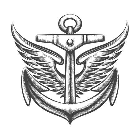 Ship Anchor with Wings  drawn in Tattoo style. Vector Illustrationのイラスト素材
