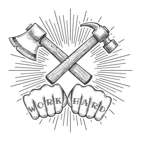 Human Fists with letters Work Hard under crossed axe and hammer. Tattoo in engraving style. Vector illustration.のイラスト素材